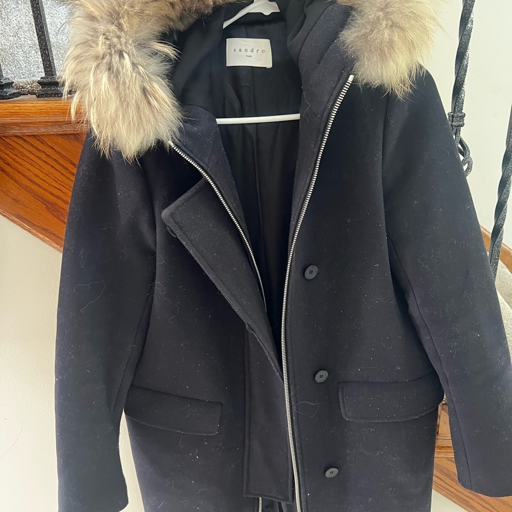 Sandro Navy Wool Coat with Fur Trim